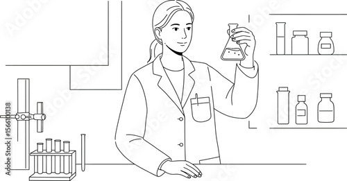 Woman scientist in lab coat examining flask experiment research and science laboratory illustration vector vector illustration