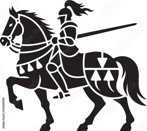 Black vector silhouette of a knight riding an isolated horse
