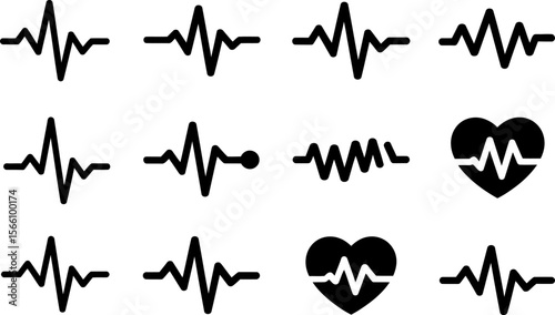 Heartbeat and heart icon set, medical pulse line, cardiogram symbol, love health element, vector collection