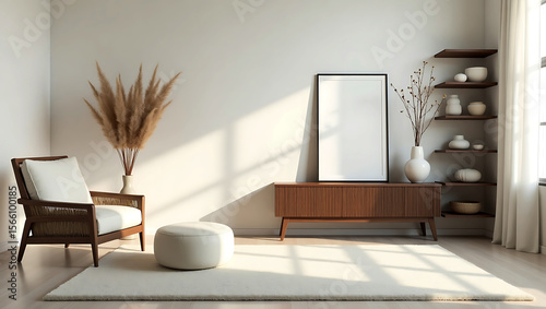 Modern living room interior with a comfortable armchair ottoman and a wooden credenza featuring a blank picture frame and decorative vases