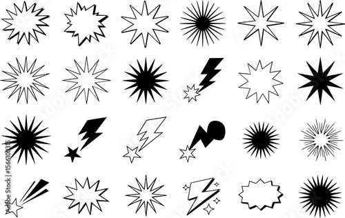 Lightning bolt and sunburst icon set, comic energy flash, dynamic star symbol, vector graphic collection