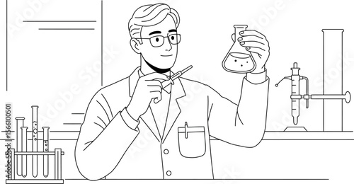 Illustration of scientist in lab coat doing research with beaker and pipette for science and education use vector illustration