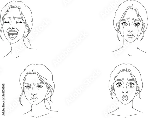 Emotion expressions line art drawing of woman face showing different feelings and mood for psychology concept vector illustration