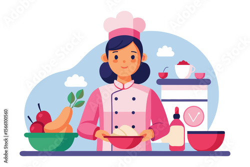 A cheerful female chef in a pink uniform prepares ingredients in a kitchen with fresh fruits and cooking supplies