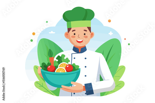 Smiling chef in uniform presents a vibrant bowl of fresh salad with tomatoes oranges and lettuce amidst greenery