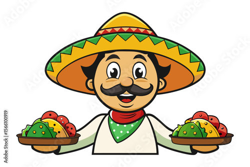 Smiling mexican man wearing a sombrero offers delicious tacos filled with fresh ingredients on white background