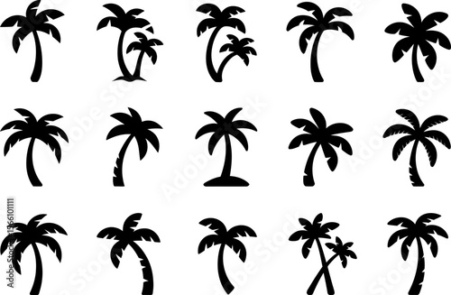Palm tree silhouette set, tropical plant, summer symbol, beach element, vector graphic collection