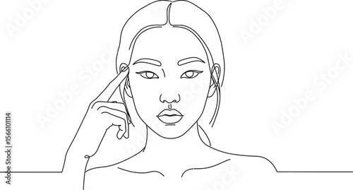 Line art portrait of woman touching her temple, minimalist drawing style, simple outline illustration vector illustration