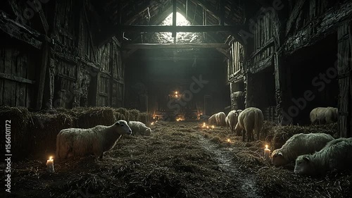 Sheep resting in old barn