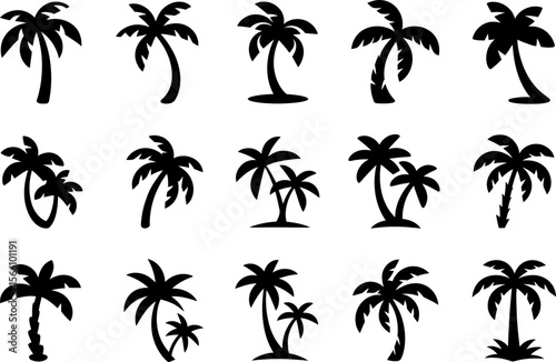 Palm tree and leaf icon set, tropical forest, summer paradise, beach scenery, vector illustration