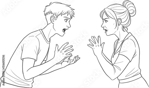 Illustration of arguing couple in conflict and disagreement with angry expression line art drawing vector vector illustration