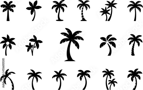 Palm tree and surfboard icon set, tropical adventure, summer fun, beach sport, vector graphic collection