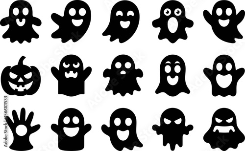 Halloween ghost face set, spooky mask, scary character, haunted night, vector graphic elements