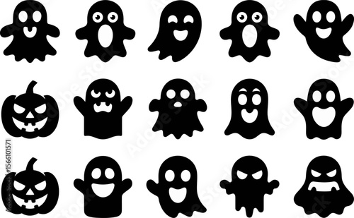 Ghost and pumpkin face icon set, halloween celebration, spooky night, scary mask, vector illustration