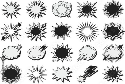 Comic explosion and speech bubble set, cartoon burst, dynamic effect, pop art element, vector graphic pack