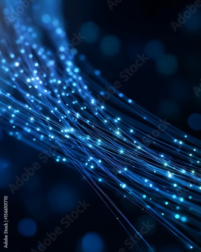 Abstract glowing blue fiber optic cables, technology background
