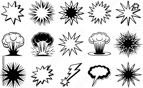 Dynamic comic explosion and burst icon collection, cartoon cloud, star shape, vector illustration, pop art style