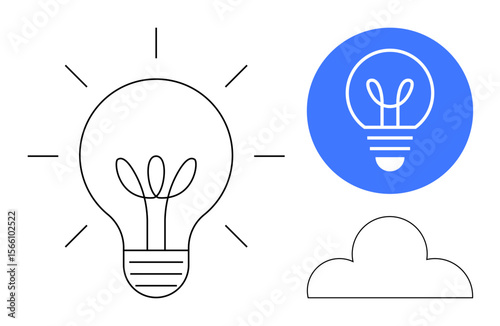 Light bulb with rays symbolizing idea generation, placed alongside cloud and blue circle variations. Ideal for creativity, innovation, technology, brainstorming, cloud computing, education, simple