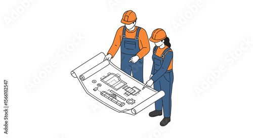 Construction planning concept vector illustration for print design in isometric style