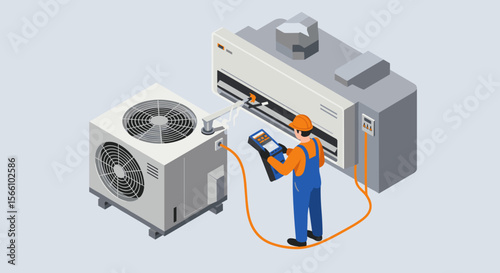 Isometric vector illustration of hvac technician and equipment for industrial maintenance design