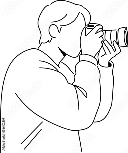 Photographer taking photo vector line art illustration professional camera photography hobbyist minimalist art vector illustration