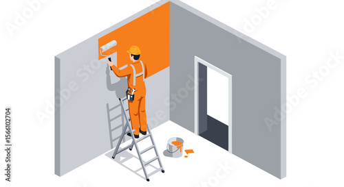Painter in action: isometric vector illustration for home improvement and design