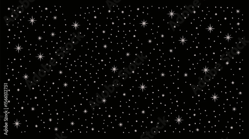 Snowflake vector with scattered white lights like stars on black background, creating a sparkling winter scene. Suitable for holiday designs.