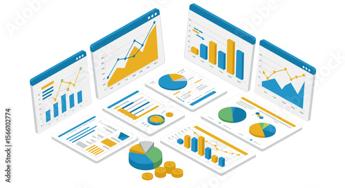 Business analytics vector illustration: flat style insights, charts, graphs for reports and presentations