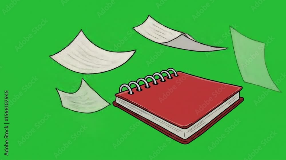 Animated Pages Flying Away From Red Notebook on Green Screen