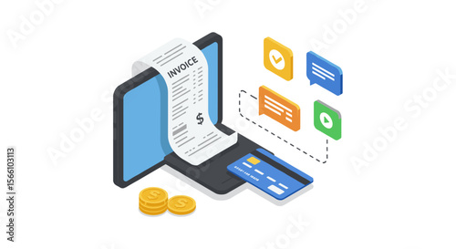 Isometric business finance vector illustration for digital transactions and invoicing design