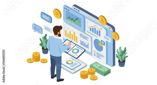 Business analytics vector illustration: isometric design for digital marketing and financial growth
