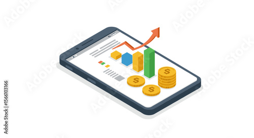 Business growth vector illustration: smartphone financial analytics for modern design, flat style