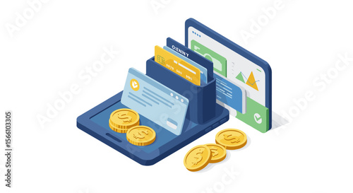 Financial management vector illustration: digital banking and online payments isometric design
