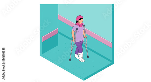 Isometric vector illustration of a woman with crutches navigating a hospital hallway in recovery process