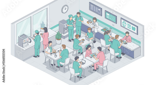 Hospital cafeteria scene: medical staff dining vector illustration in isometric style for healthcare design