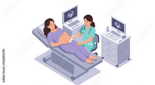 Vector illustration of pregnant woman's ultrasound examination for healthcare and maternity design in flat style