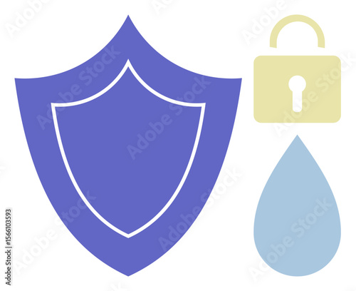 Bold shield, padlock, water droplet symbolizing protection, data security, and risk management. Ideal for cybersecurity, privacy, reliability insurance technology safety and hazard control. Simple