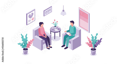Isometric vector illustration of therapy session in modern interior design for wellness and counseling concepts