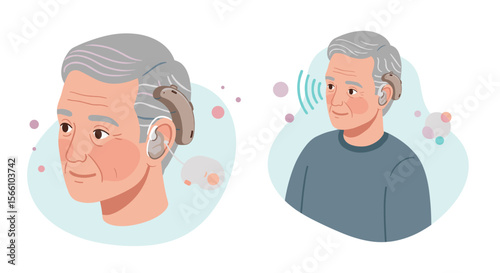 Elderly man with hearing aid vector illustration for healthcare design