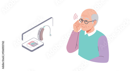 Elderly man adjusting hearing aid in flat vector illustration for healthcare design