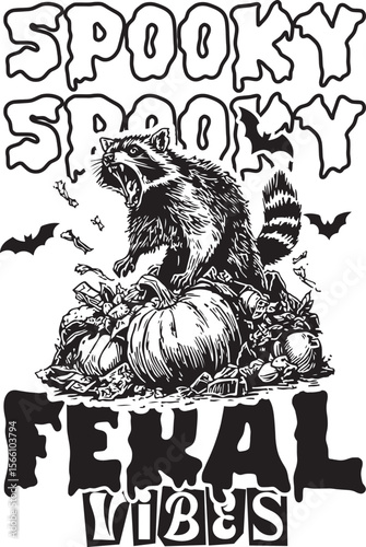  Spooky Feral – Halloween raccoon screaming on pumpkin with creepy and chaotic energy, ideal for edgy designs and alternative fashion.