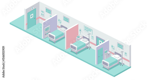Isometric hospital ward vector illustration: modern healthcare interior design for print and poster