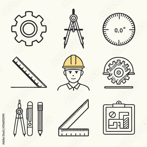 Engineering and Construction Tools Illustration Set with Worker Icon