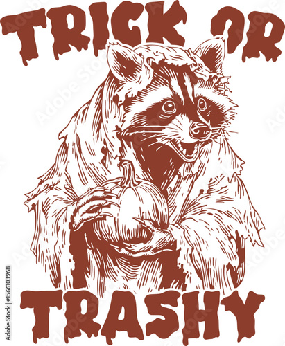 Trick or Trashy – Funny raccoon in costume with pumpkin, Halloween humor with chaotic trash animal energy for sublimation and t-shirt art