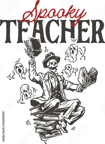 Spooky Teacher – Skeleton reading books with ghosts, Halloween classroom humor design for teachers with spooky vibes and vintage charm