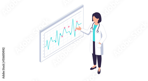 Doctor analyzing heart rate data line on digital board vector illustration - isometric design for medical education