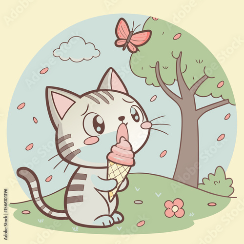 Gray tabby kitten eating pink ice cream cone vector
