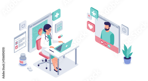 Telemedicine consultation concept: isometric vector illustration for healthcare design