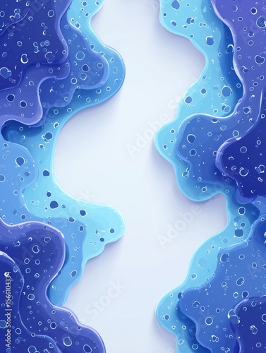 Layered abstract paper-cut style design in shades of blue with bubble-like textures and wavy contours framing a central empty space. Concept of underwater landscape and creative modern layout