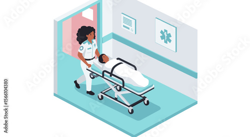 Emergency medical care vector illustration: isometric hospital scene for educational and healthcare design